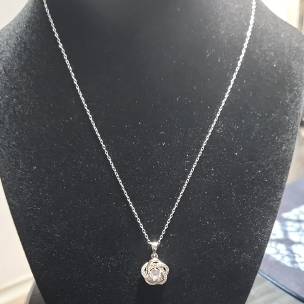 Sterling Silver Floral Pendant Necklace with Crystal Accents - Picture 2 of 7